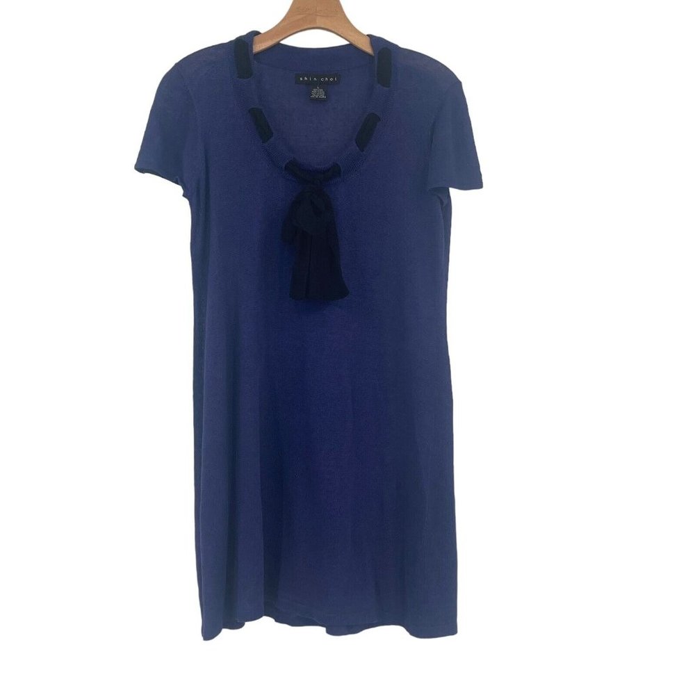 Shin Choi Women's Dress Blue linen sweater short sleeve size large semi sheer